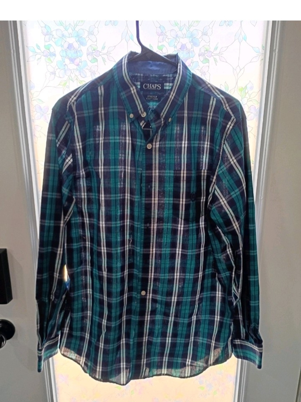 Chaps Men's Teal and Navy Plaid Button-Up Shirt